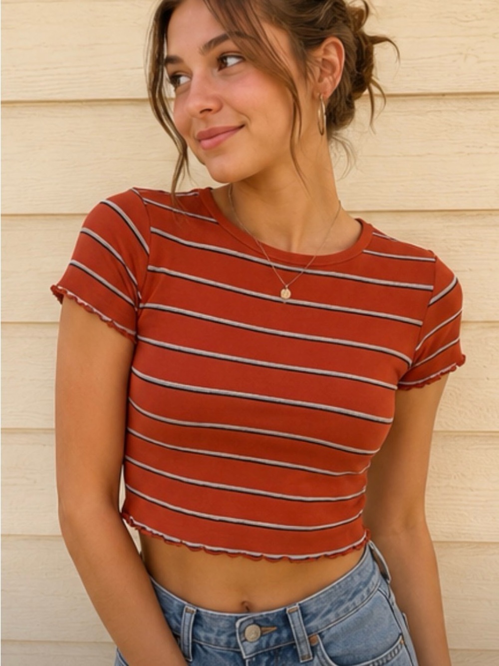 American Eagle Outfitters Rust Striped Cropped Tee